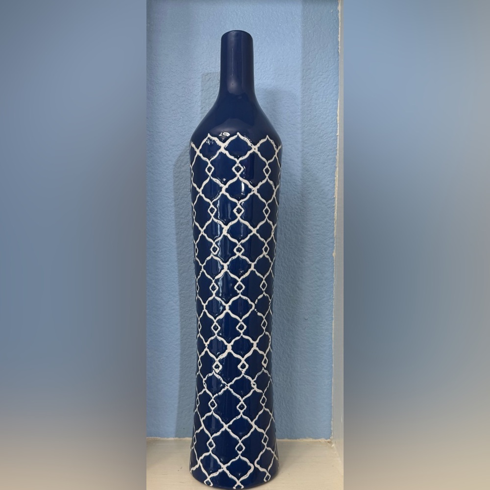 Tall Navy Blue Ceramic Vase with White Pattern 18 1/2“